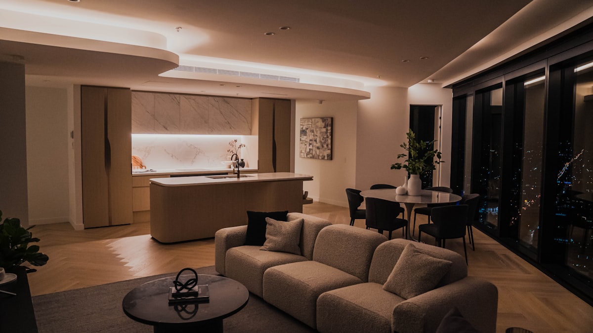 Contemporary luxury apartment interior with warm lighting