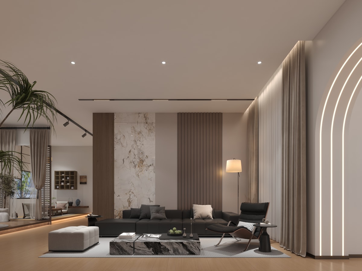 Luxury smart living room with automated cove lighting and curtains